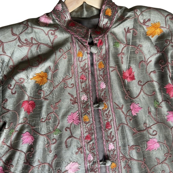 Vintage smoke-green long Kashmiri jacket embroidered size M - Picture 4 of 10